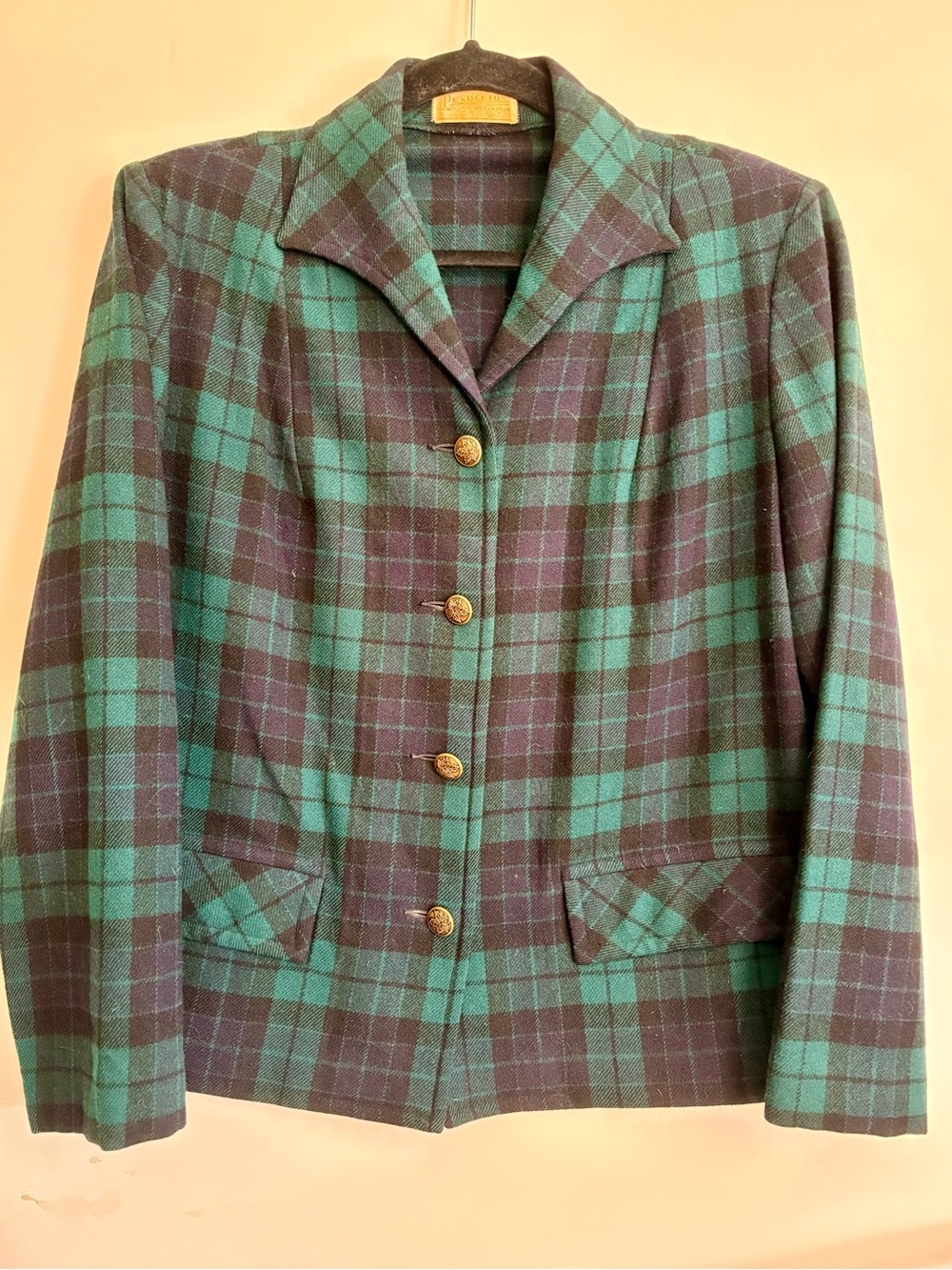 Pendleton Green & Navy Plaid Wool Blazer Vintage Small